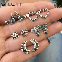 Sindlan 5 пар сердце крыло слон женские серьги набор прекрасный серебряный Луна Шарм маленькие корейские серьги Модные серьги ювелирные изделия