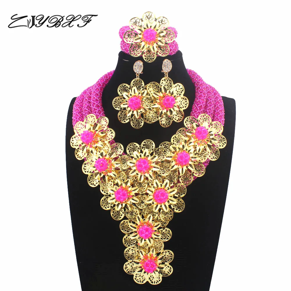 

Fashion Fuschia Pink Crystal Costume Women Jewelry Set Beads Flowers Statement Necklace Set for Party Free Shipping L1136