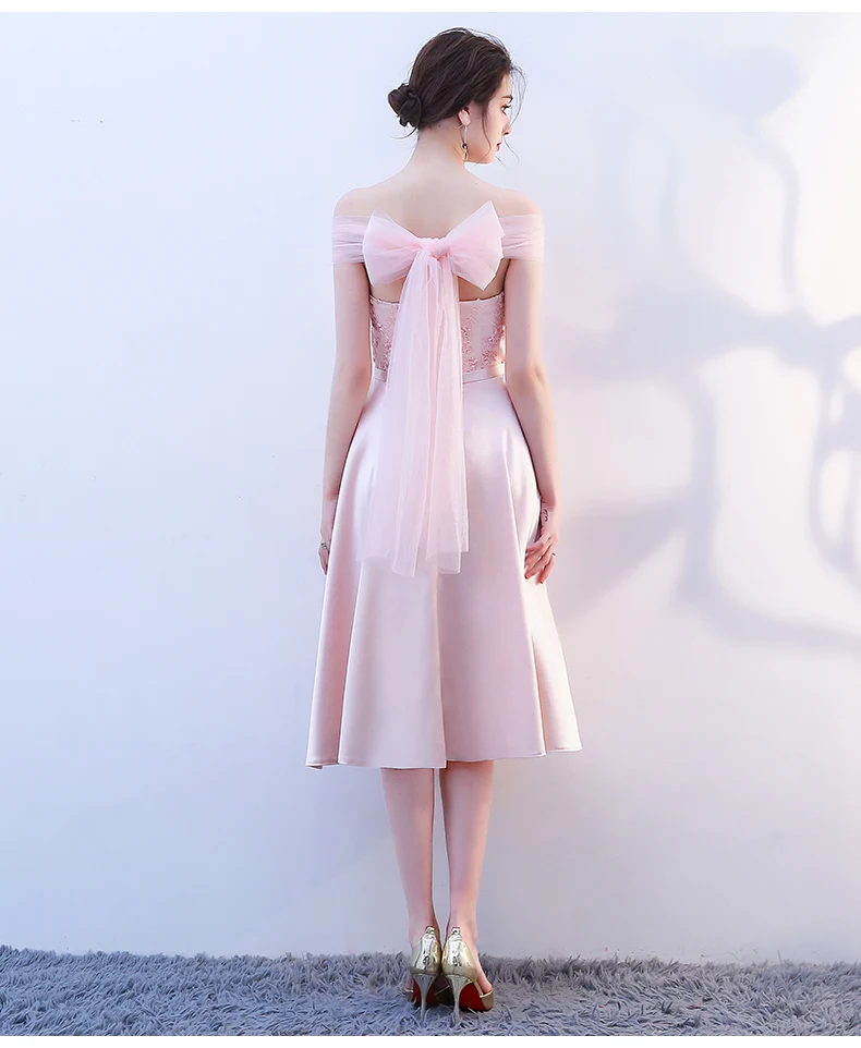 KBS025F # Средний вырезом лодочкой розовый на шнуровке платья подружек невесты Свадебная вечеринка платье для выпускного вечера 2018 Весна