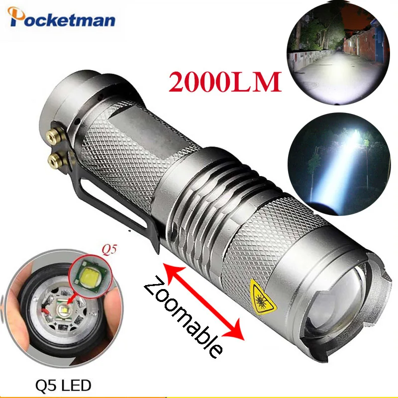LED Flashlight 2000Lumen Silver Torche Lampe CREE Q5 Lanterna LED 3Modes Zoomable Torch zaklamp taschenlampe torcia Linterna