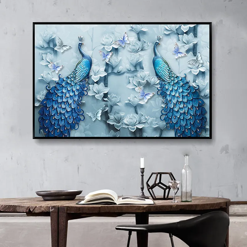 

Special Shaped Living Room Modern Diamond Embroidery Relief Blue Peacock Couples, Flowers,Animals, Diamond Painting Cross Stitch