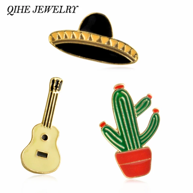 QIHE JEWELRY Hat Guitar Mexican Cactus Enamel Pin Badge Metal Girls Jeans Bag De QIHE JEWELRY Hat Guitar Mexican Cactus Enamel Pin Badge Metal Girls Jeans Bag De