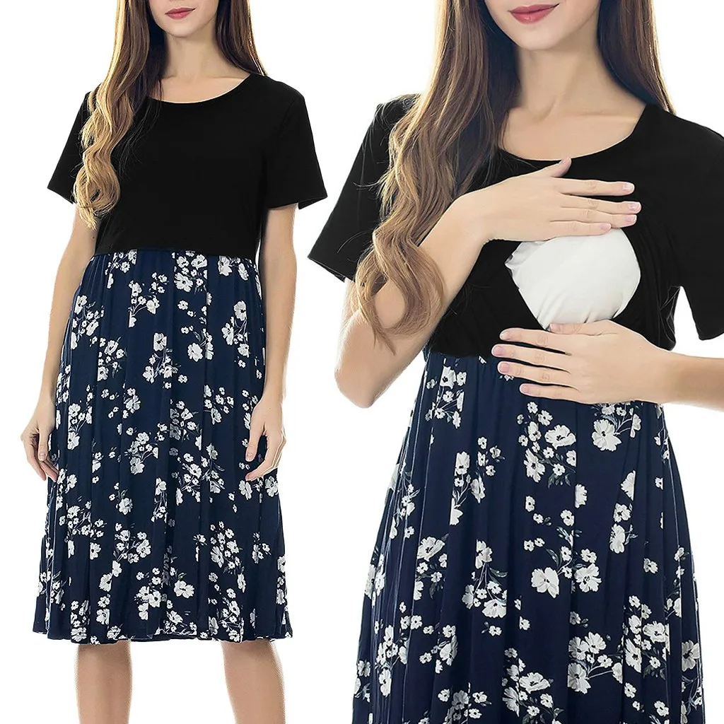

ISHOWTIENDA Women's Maternity Gown Dress For Feeding Floral Print Nursing Dresses for Breastfeeding Hamile Elbise Gravida