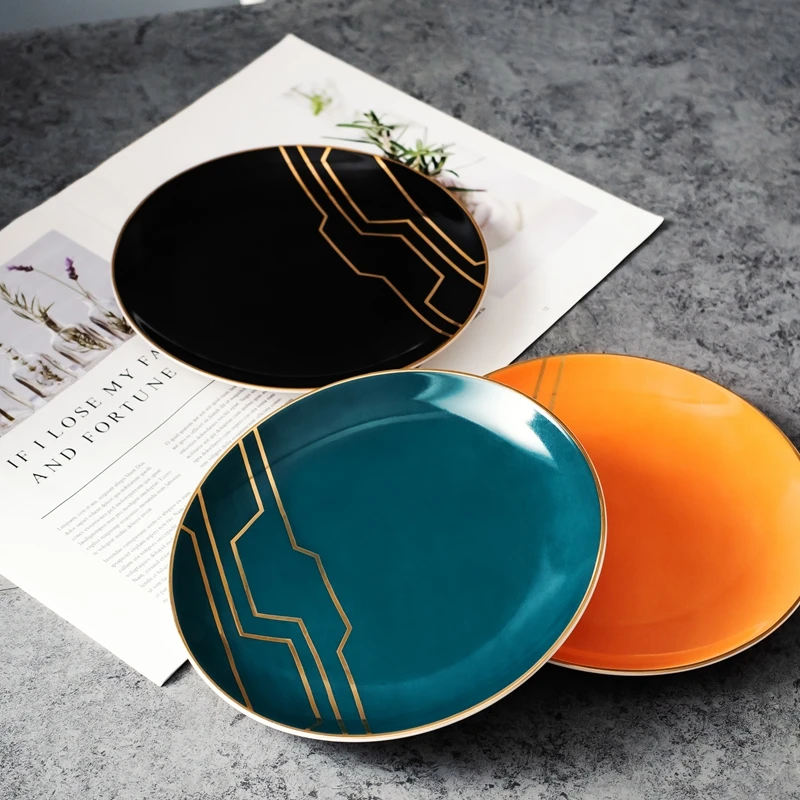 8 и 10,5 дюймов роскошный цветной керамический набор посуды Золотая инкрустация обеденная тарелка и тарелка с акцентом