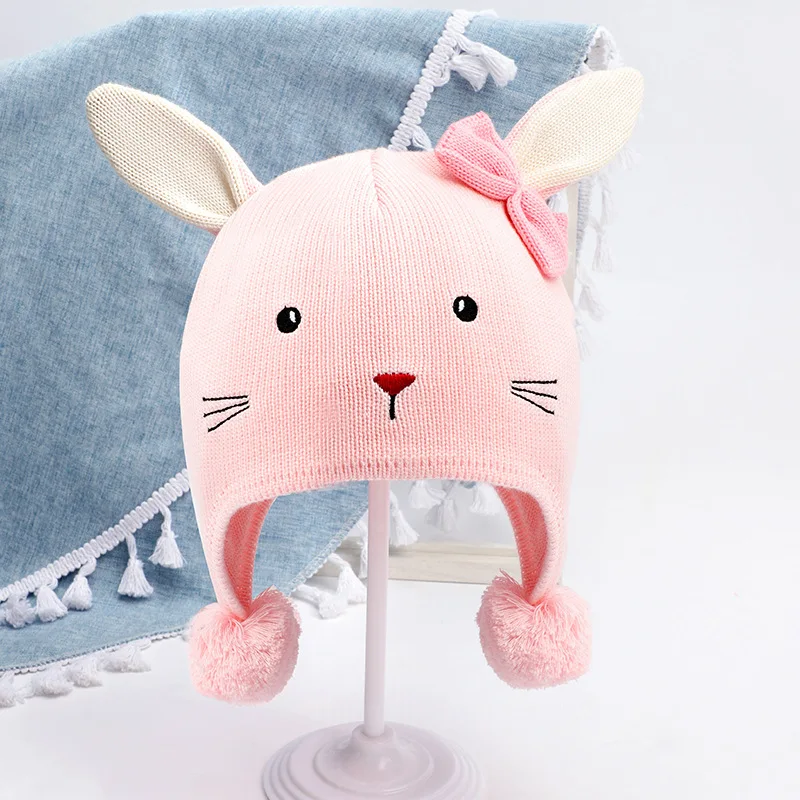 Beanie Kid Girl Winter Hat Autumn Knit Warm Pink Rabbit Cap Casual Outdoor Skiing Baby Accessory (8)