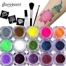 1 Set 15 Colors Glitter Powder Pigment Body Tattoo Paint Set Temporary Decal Fancy Women DIY Art Henna Stencil + Brush+ Glue Kit 1 Set 15 Colors Glitter Powder Pigment Body Tattoo Paint Set Temporary Decal Fancy Women DIY Art Henna Stencil + Brush+ Glue Kit