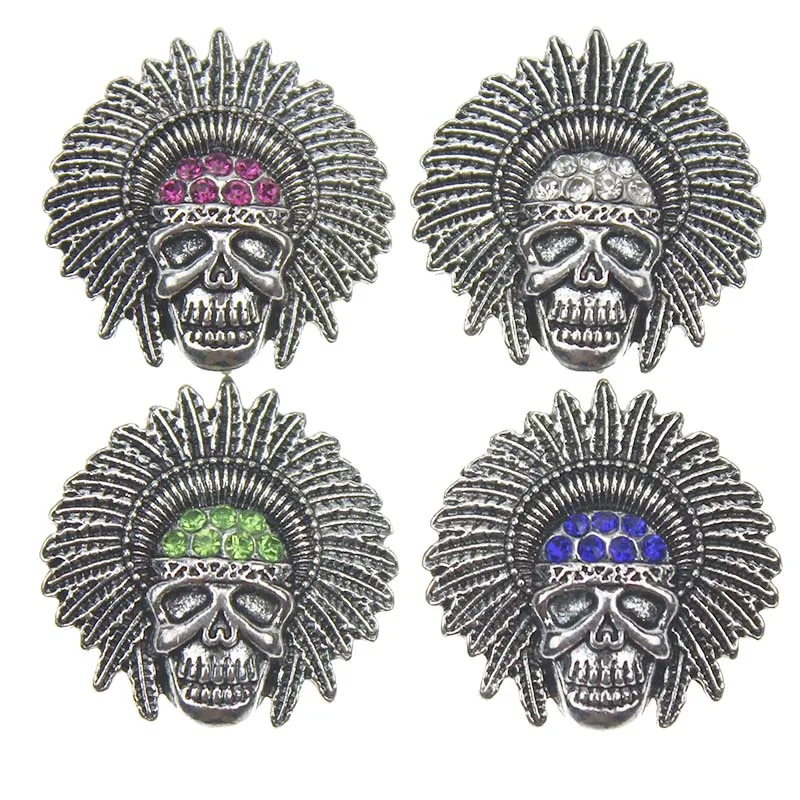 10pcs/lot Snap Jewelry 4 Color Rhinestone Skull Snaps Metal 18MM Snap Buttons Fit Silver Snap