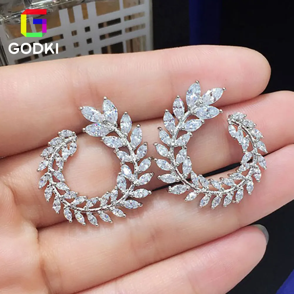 

GODKI Wheat Feather Cubic Zirconia Women Engagement Chandelier Earrings Stud