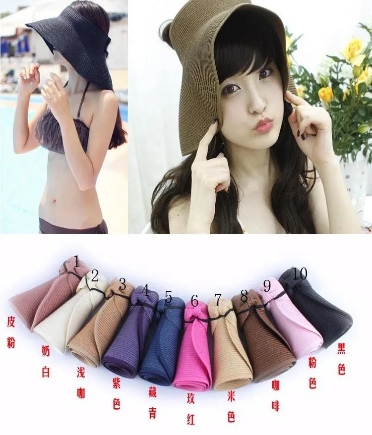 2015 Wholesale Fashion Women Lady Foldable Roll Up Sun Beach Wide Brim Straw Visor Hat Cap Free Shipping 5 pcs/lot