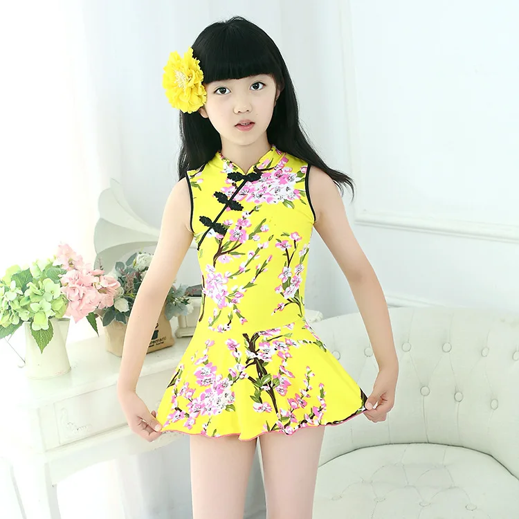 

Sexy One Piece Swim Suits Chinese Style Girls Swimwear 2019 Floral Print Cheongsam Kids Swimsuit Backless Lace Up Beach Wear