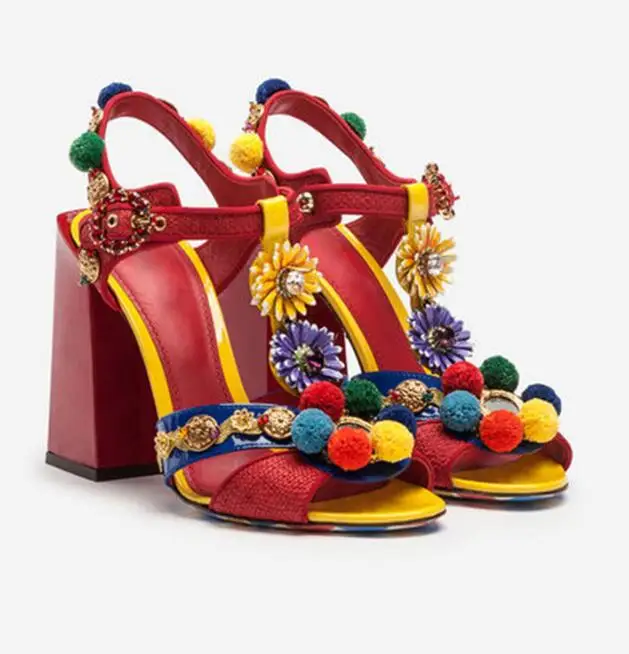 Moraima Snc Colorful Pom Decorations High Heel Sandals Summer Open Toe T-strap Thick Heels Shoes Red Ankle Strap Pumps | Обувь