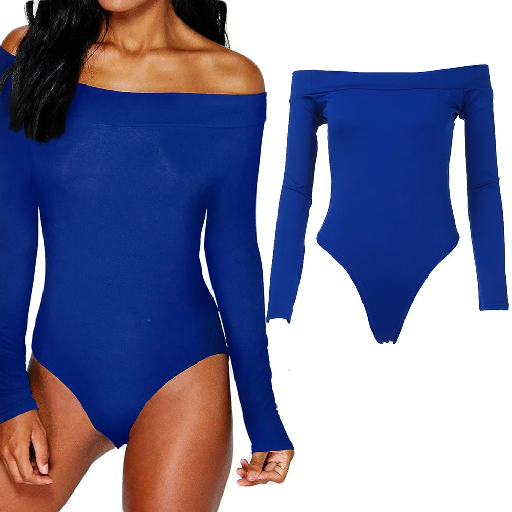 

2019 Women Fashion Solid Off Shoulder one piece Tops Long Sleeve Sexy black white bodysuit body femme overalls female body