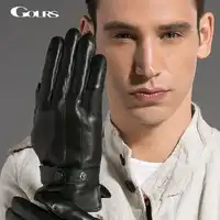 Gours Gloves Autumn and Winter Fashion New Men's Genuine Leather Glove Goatskin Belt Button Black Plus Velvet Warm GSM020