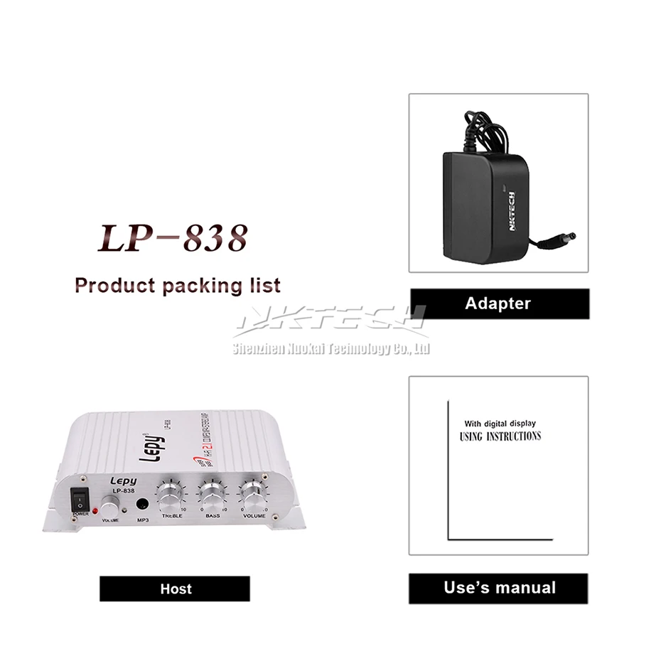 Цифровой автомобильный мини усилитель мощности LP 838 Lepy 2.1CH 20 Вт 2x15 Hi Fi MP3 MP4 Стерео