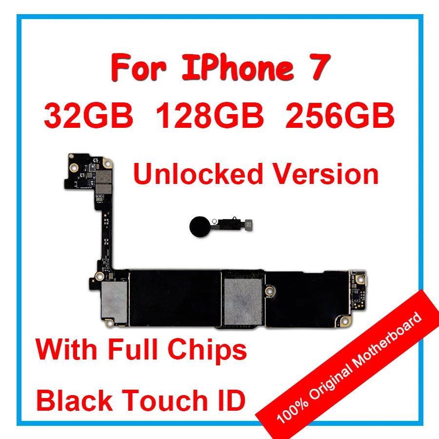 

For iPhone 7 Original Motherboard IOS System With Black Touch ID 100% Unlock Mainboard Logic board With Chips 32GB/128GB/256GB
