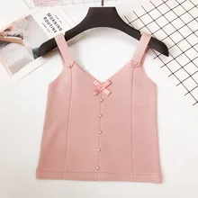 Bow Button Beading Knitted Crop Tank Top Lace Up Cropped Tees Camis Women Sleeveless Casual V-Neck Pullover 2019 Korea Style pearl beading foldover bardot crop top