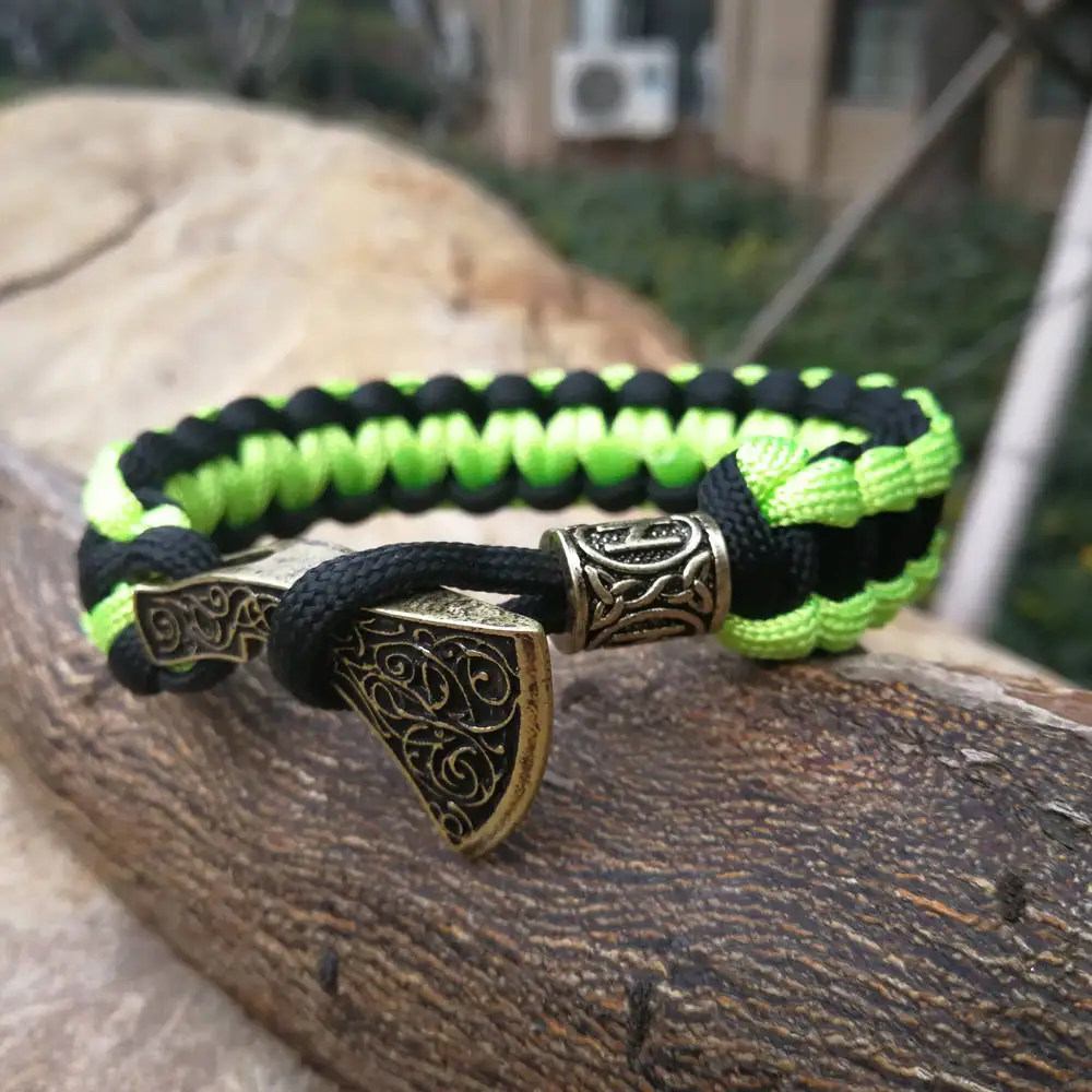 Paracord Bracelet Celtics Viking Runes Beads Axe Talisman Charm Braided Rope Bracelet Men Bangles Camo Green Beige Jewelry Gifts (2)