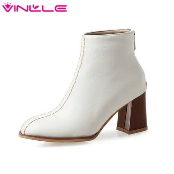

VINLLE 2020 Women Ankle Boots Pu Leather Fashion Women Shoes Platform Zipper Round Toe All Match Women Boots Big Size 34-43
