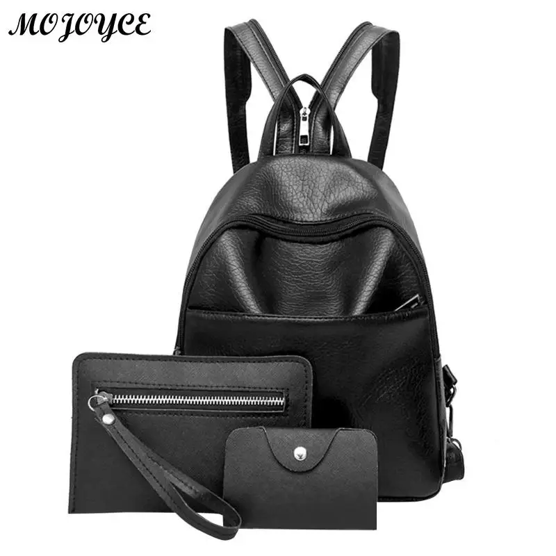 3 PcsSet Women Black Backpacks for Teenager Girls Soft Pu Leather School Bags Black Shoulder Bag Purse Female Backpack Mochila