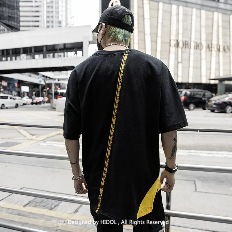 HIDOL Oversize Contrast Color T-shirt Ribbon Patchwork T shirt Hip HIDOL Oversize Contrast Color T-shirt Ribbon Patchwork T shirt Hip