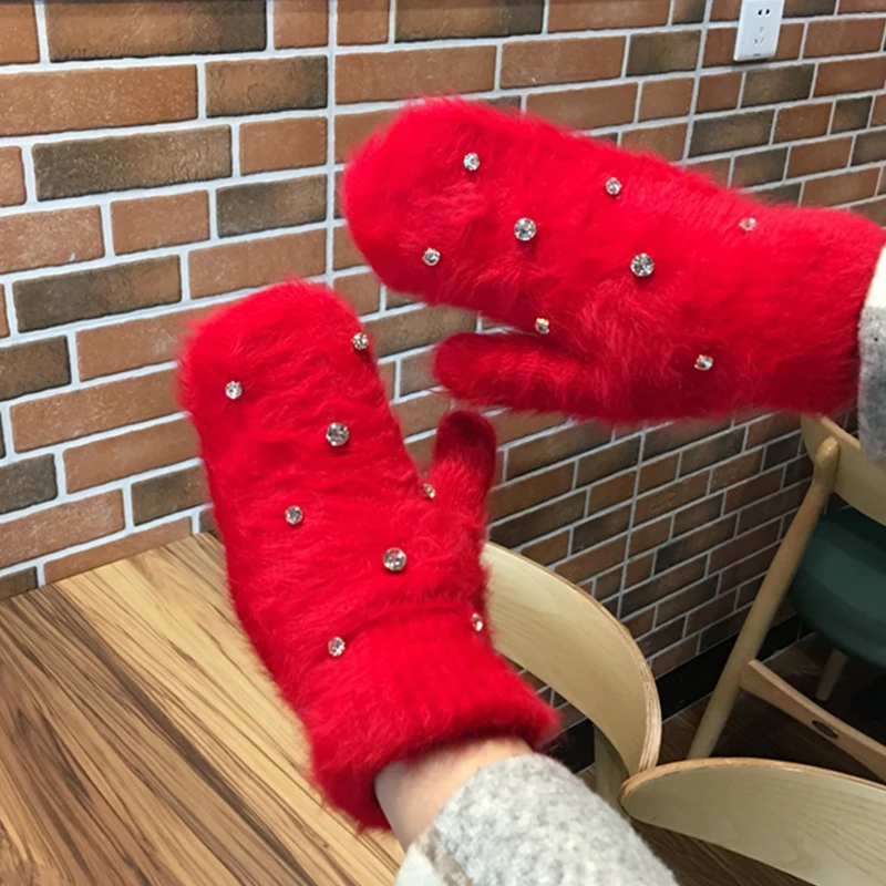 Модные женские зимние перчатки для девочек однотонные варежки из кроличьего