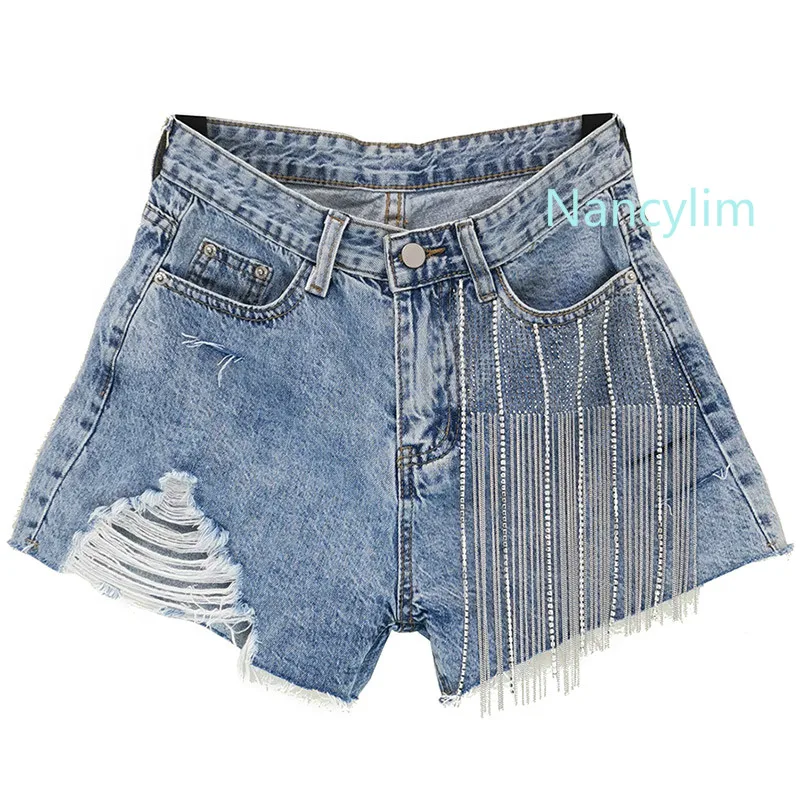 Nancylim/, летние новые корейские женские широкие штаны, с дырками и высокой талией, свободные джинсовые шорты с бахромой для девушек