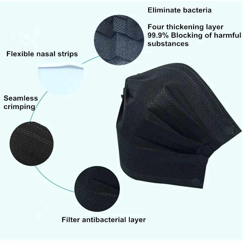 50 шт., 4 слоя, черный активированный уголь, противопылевые одноразовые маски для лица, маска для рта, висячий газовый респиратор, фильтр для рта, муфельная маска