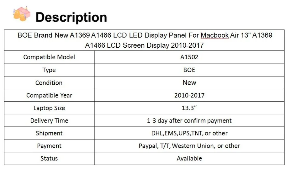 Светодиодный дисплей Панель для Macbook Air 1" A1369 A1466 BOE ЖК-экран абсолютно 2010- год