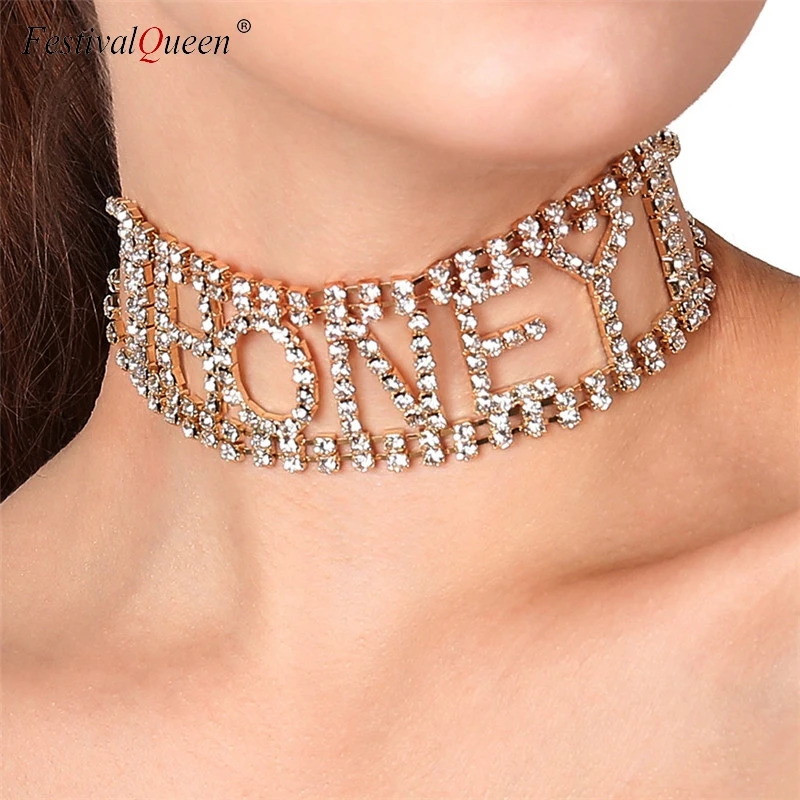 

Fancy Female Rhinestones Crystal Choker Necklace Letter HONEY Fashion Jewelry Necklaces Gift For Woman Romantic Cute Torques