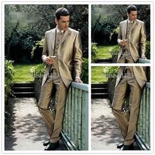 Пользовательские Дизайн Золотой Жених Смокинги для женихов Нотч женихов Для мужчин Best человек Для мужчин Нарядные Костюмы для свадьбы жених Пром Костюм(куртка+ Брюки для девочек+ жилет+ галстук