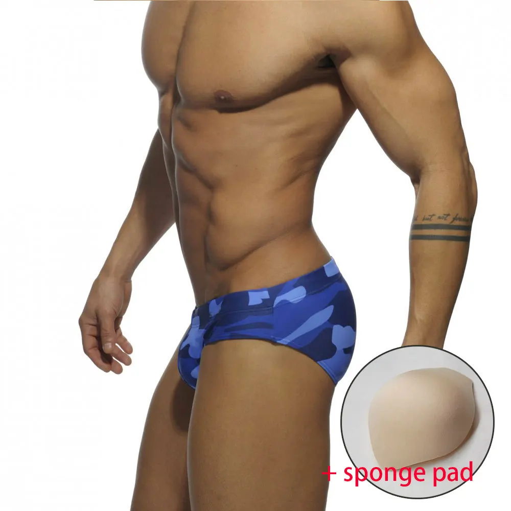 Новая одежда для плавания, мужские камуфляжные плавки для плавания, плавки для купания с низкой талией, Мужская одежда для плавания, сексуальные плавки, мужские плавки - Цвет: Blue with PAD