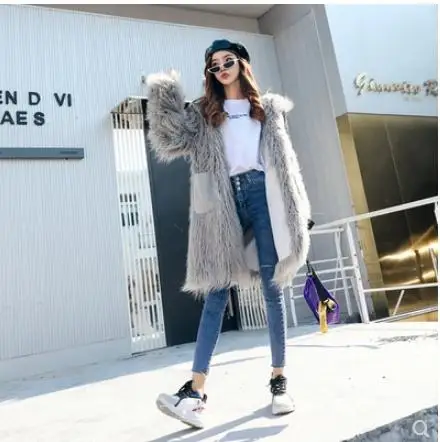 Femmes Chaud Pour Faux Xl Manteaux Fourrure Outwears J2622 Jolie Vêtu S Section Lâche pink Laine Grey De Élégant Femme Longue Tops Poches rOwqrAxC