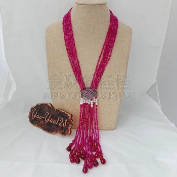 

N051101 24" 6 Strands Fuchsia Stone White Pearl Necklace CZ Pave Pendant