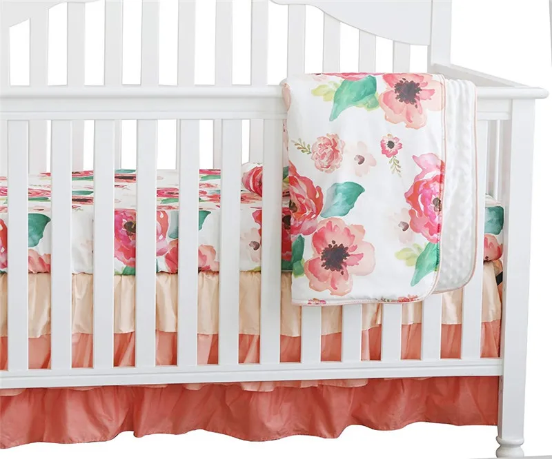 Комплект из 3 предметов, Boho Цветочные Детские плюшевые одеяла с оборками, персиковая Цветочная детская юбка для детской кроватки, комплект для маленьких девочек, детская кроватка(коралловый цвет