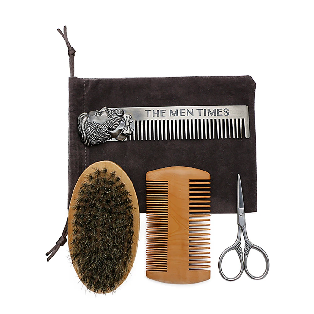 4pcs Beard Brush Comb Mens Mustache Hair Care Grooming Kit Shears