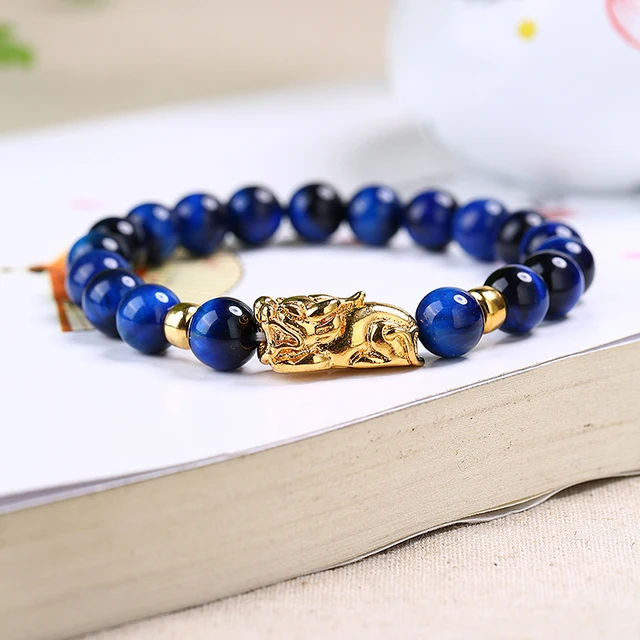 Natural Blue Tiger Eye Stone Bracelet 8 14mm Beads Fine Caving Pi Natural Blue Tiger Eye Stone Bracelet 8 14mm Beads Fine Caving Pi Xiu For