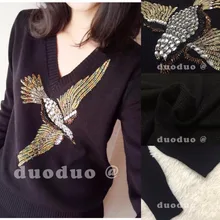 Роскошный бренд Весенняя женская одежда с бисером Стразы вышивка свитер женский черный V образным вырезом пуловер шерстяной топ