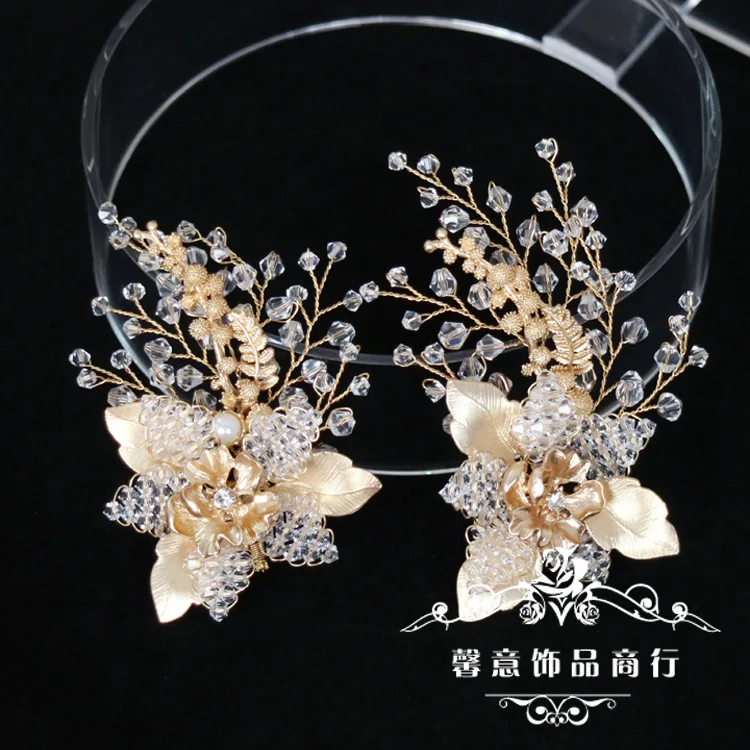 

1pair gold flower high end beads bride barrette hair clips wedding hair accessories crystal crown
