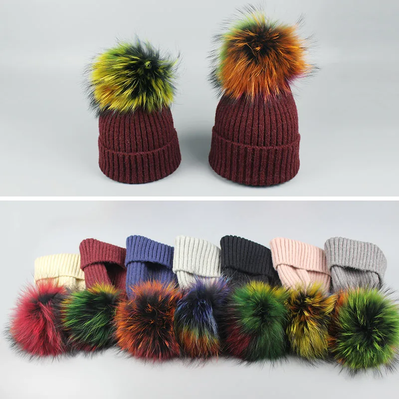 Осенне-зимние вязаные шерстяные шапки унисекс, лыжная шапка кэжуал из натурального меха енота и лисы, однотонные горнолыжные шапки с помпоном