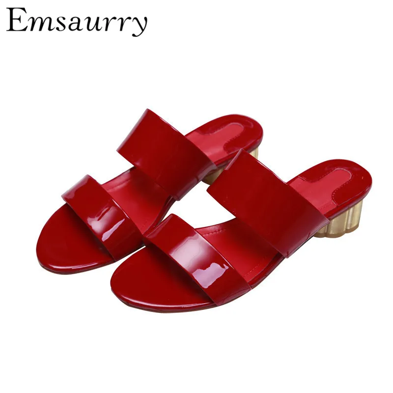 

Unique Gold Column Heel Slides Open Toe Shiny Patent Leather Shallow Serpentine Holiday Beach Slippers Women
