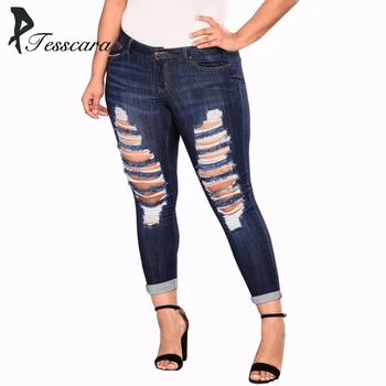 

Women Summer Skinny Slim Pencil Jeans Female Big Waist Hole Pants Lady Plus Size 2XL-7XL Bottom Sexy Causal Elasticity Trousers