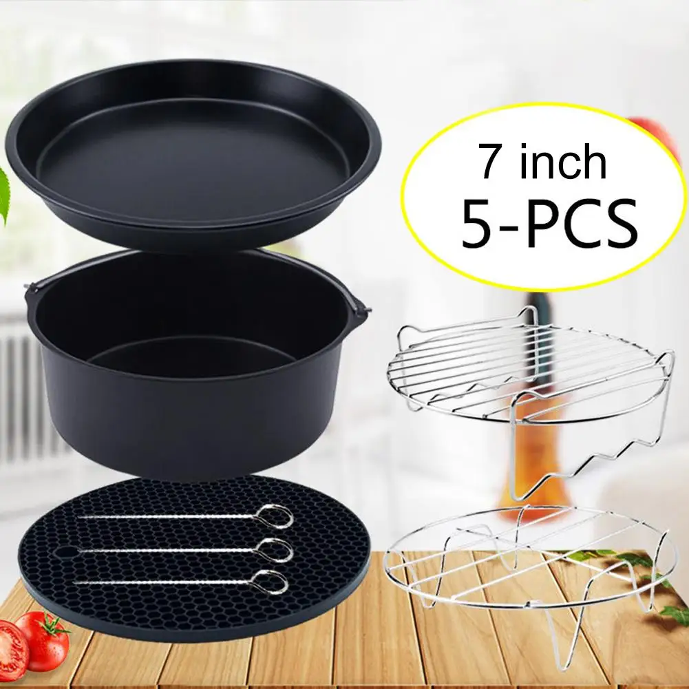 

45# 5Pcs 7inch Portable Air Fryer Set for Gowise Phillips Cozyna Secura Pizza Pan Cake Barrel Roast Skewer Rack Kitchen Tool Set