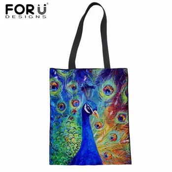 

FORUDESIGNS Women Shoulder Bag Peacock Print Canvas Large Tote Bag Teenager Girls Top-handle Bag Fashion Shopping Bolsa Mochila