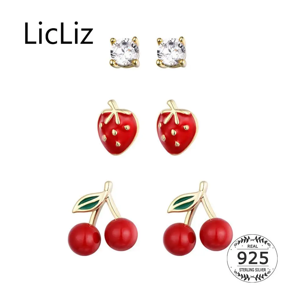 

LicLiz 2019 New 925 Sterling Silver Strawberry&Cherry Stud Earrings Set for Women New Cute Gold CZ Crystal Fruits Jewelry LE0586