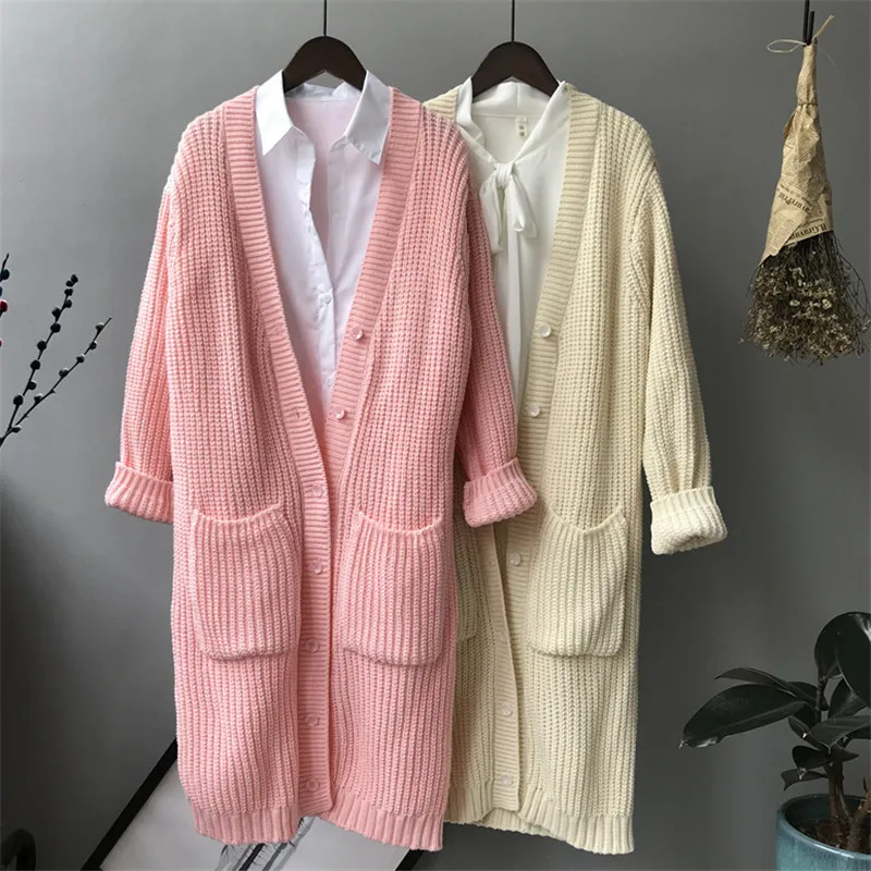 

Sweater Women Pink Beige Plus Size Loose Cardigans 2019 New Autumn Winter Fashion Pockets Long Knitted Sweaters Feminina LD1133