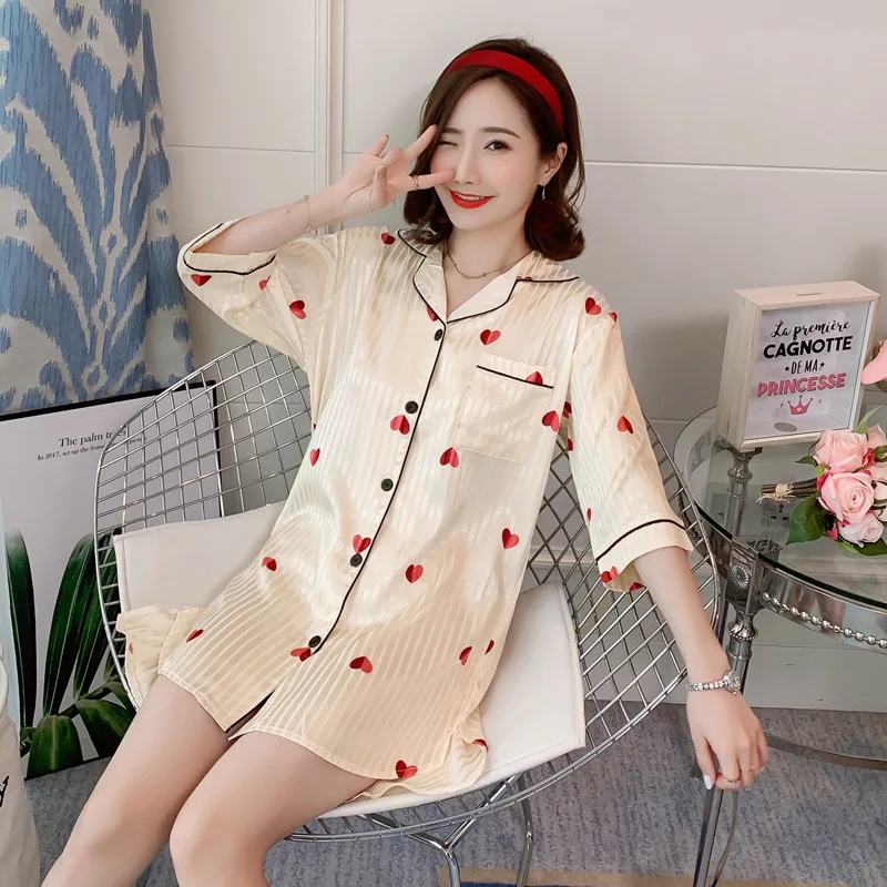 Women Cute Nightgowns Ladies Sleepwear Half Sleeve Nightwear Satin
