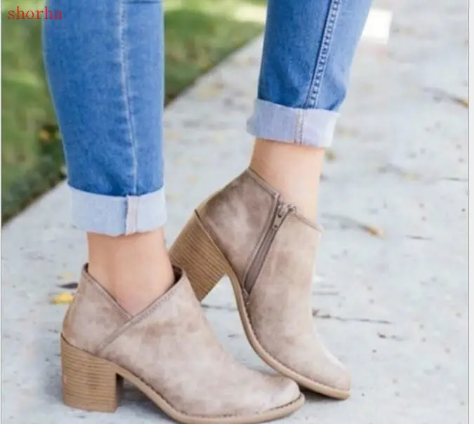 

Fashion Women High Heels Plus Size Concise Thick Block Heel Shoes Woman Fashion Zipr Ankle boots Female Elegant Casual Footwear