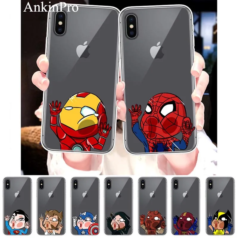 

Funny Silicone Case for iPhone X XR Xs Max 8 7 6 Plus 6S 5S SE Clear Cover Phone TPU Back Cases Spider Deadpool Iron Man