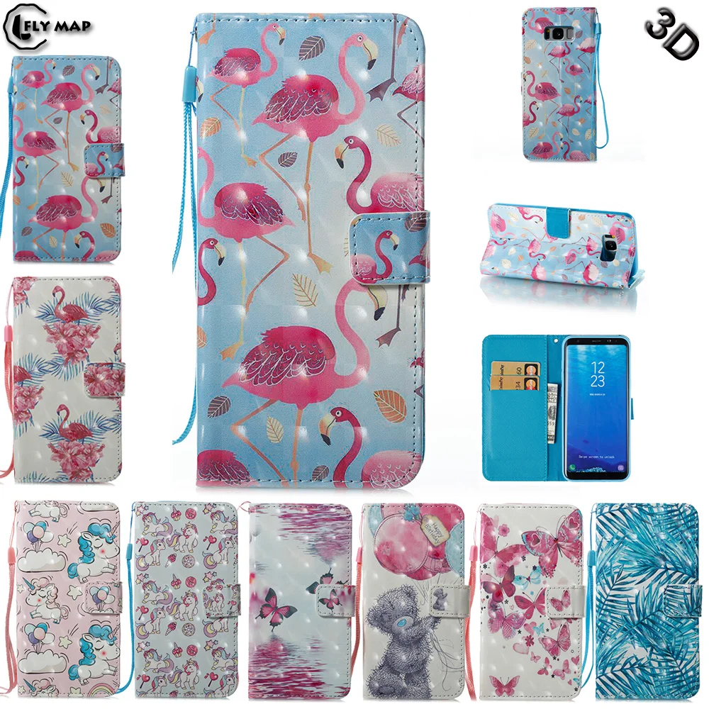 3D Flip Case for Samsung Galaxy S8 Plus S8Plus G955F G955FD Flamingo unicorn Wallet Leather Cover Phone Case SM-G950F SM-G950FD