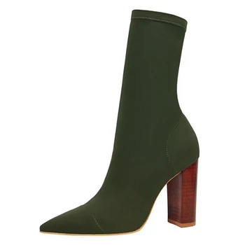 

Women Retro Pointed Toe High Heels Short Boots Show Thin Concise Lycra Stretch fabric sock Wood Grain Square Heel Boots femme